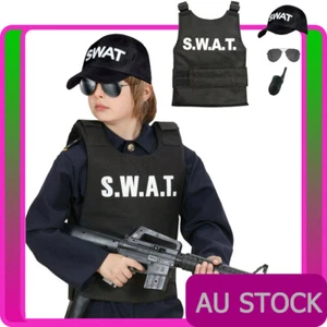 Kids SWAT Vest Hat Policeman Officer Costume Child Cops Boys Book Week Uniform - Picture 1 of 8