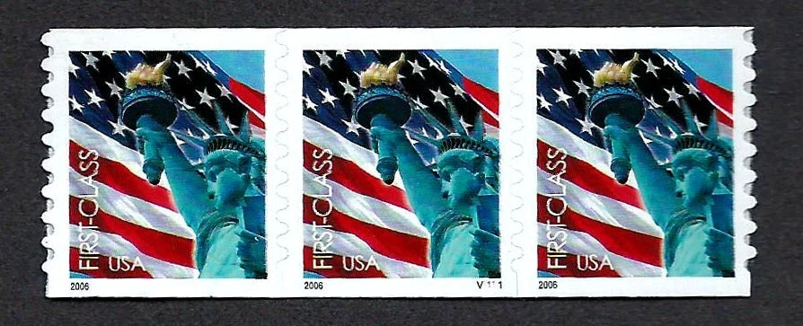 UNITED STATES, SCOTT # 3968, STRIP OF 3 PNC3 # V1111, FLAG & STATUE OF LIBERTY - Image 1 of 1