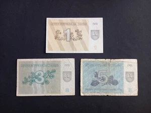 LITHUANIA 1 + 3 + 5 (1991) TALONAS Banknotes - Circulated - Picture 1 of 2