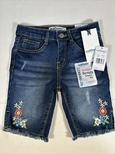 WallFlower Denim Shorts Girls 6X Bermuda Stretch Dark Wash Floral Embroidery - Picture 1 of 13
