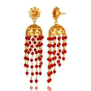 Long Chandelier Red Coral Earring Bead Gemstone 925 Silver Wedding Jhumka Jhumki - Picture 1 of 6