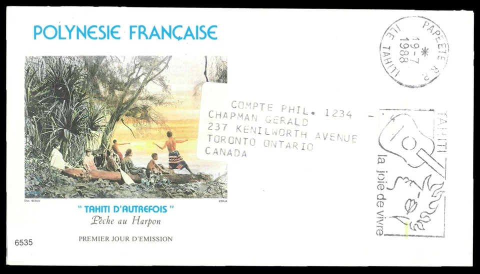 SAVOYSTAMPS-FRENCH POLYNESIA-1988-FDC WITH COLORFUL CACHE FROM TAHITI TO CANADA - Image 1 of 1