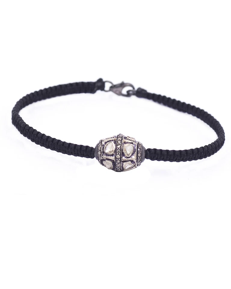 925 Sterling Silver & Diamond Black Macrame Thread Braide Bracelet For Gift - Image 1 of 4
