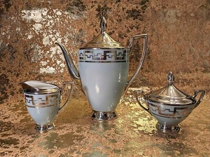 HEINRICH/DEUSCH Fine Silver Overlay Teapot/Creamer/Sugar ART DECO GERMANY VTG - Picture 1 of 12