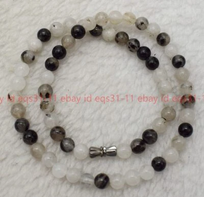 Impresionante collar de cuentas redondas de piedras preciosas rutiladas de cuarzo negro de 6/8/10 mm de 18"" Foto 1 de 4