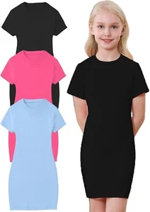 Set Of 3 - Girls Basic Short Sleeve Bodycon T Shirt Dress Casual - Picture 1 of 5