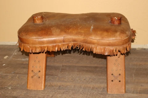 Original Antique Egyptian Wood & Leather Camel Saddle Seat Stool Bench Chair Cover
