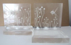 MCM Etched Angelfish Design Acrylic Lucite Block Bookends - Picture 1 of 8