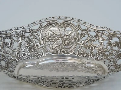 ALTE SCHALE SILBERSCHALE KORB PUTTO VÖGEL BLUMEN SILBER 800 PUNZE  - Bild 1 von 4