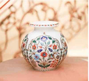 Florero de mármol blanco de 10" maceta matki incrustación malaquita arte antiguo y coleccionable - Imagen 1 de 4