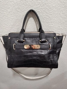 COACH Swagger 37 Black Croc Embossed Leather Satchel Crossbody - Authenticated! - Picture 1 of 7