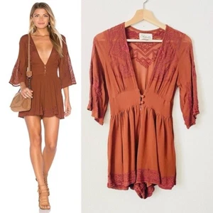 Revolve Cleobella XS Sarina embroidered plunge Romper in burnt cayanne - Picture 1 of 6