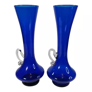 Cobalt Blue Glass Stem Vase x2 Clear Applied Handle Hand Blown Vintage 25cms - Picture 1 of 10