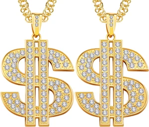 2 Pieces Plated Chain for Men with Dollar Sign Pendant Necklace, Hip Hop Dollar  - Picture 1 of 11