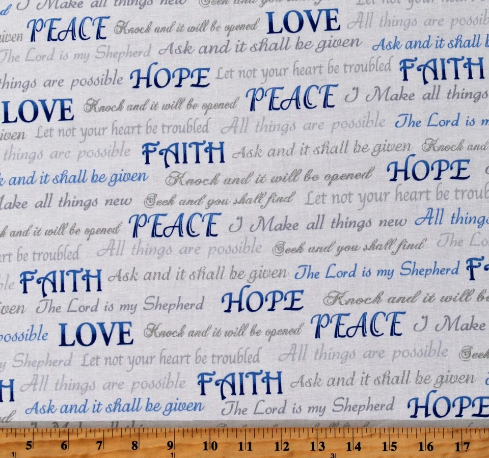 FIELDS FABRICS Cotton Faith Hope and Love Scripture Words White Fabric Print by Yard D752.26