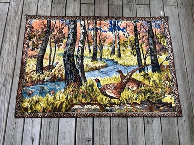 Vintage Woven Velvet Tapestry Forest Pheasants Scene Wall Rug Man Cave 39x58” - Image 1 of 3