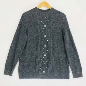 ELLE Women’s Pearl Sweater Size Large Gray Argyle Pattern Beaded - Picture 1 of 8