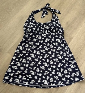 Lands End Square Neck Halter Swim Dress One Piece Swimsuit Navy Floral ~ 10/12 - Picture 1 of 10