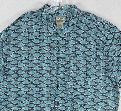 LL Bean Button Up Shirt Blue Fish Print Cotton Mens XL Slightly Fitted Vintage - Image 1 of 4