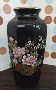 Vintage Japan Fine China 6.5" Black Gold Pink Vase with Flowers- Cherry Blossoms - Picture 1 of 7