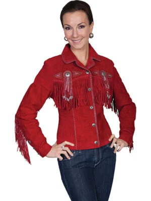 Women Red Suede Western Style Leather Jacket With Fringe - Contrast Beads - Image 1 of 4