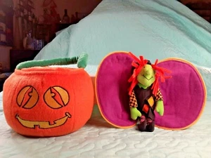 2 Cloth PUMPKINS Trick or Treat Pail & Bag w/ WITCH Toys JACK O LANTERNS - Picture 1 of 12