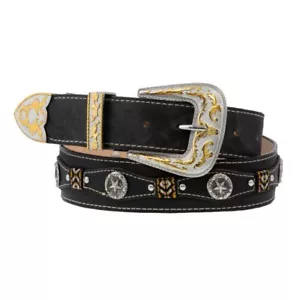 Cinturón Occidental Concho Vaquero Tachuelas de Cuero Genuino Hebilla Plateada Negro Cinto - Imagen 1 de 5