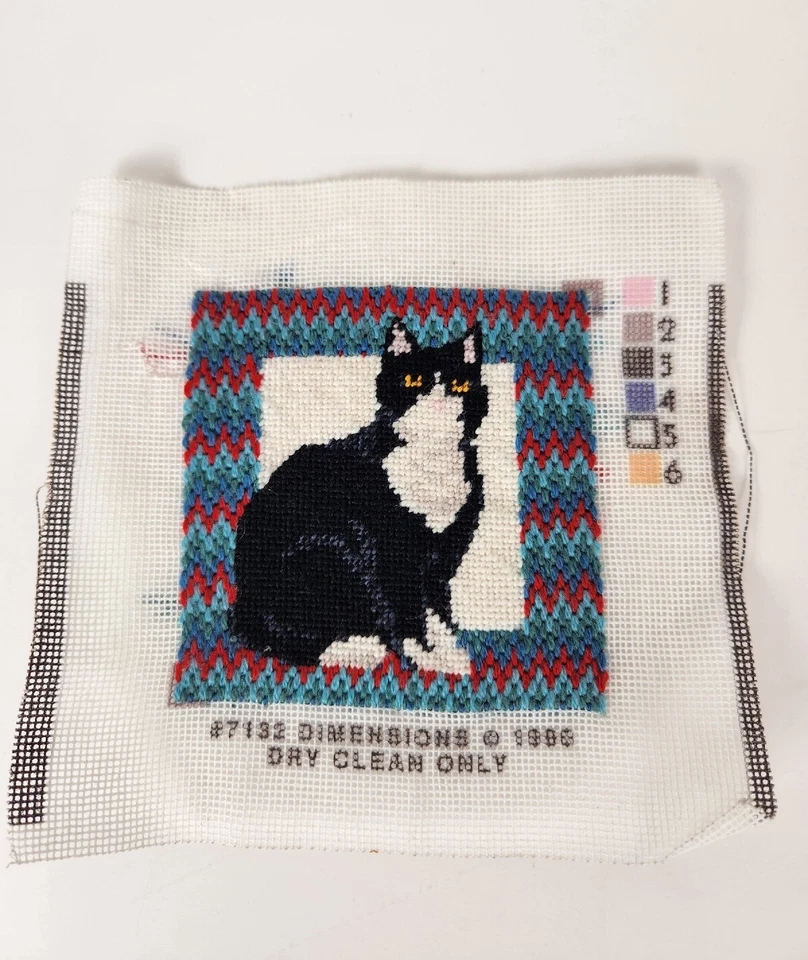 Dimensions 7132 Black White Cat with Flamestitch Border Needlepoint  5 in x 5 in - Image 1 of 1