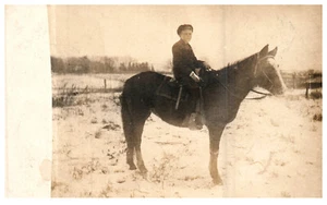 RPPC Boy on Horse in the Snow Photo signed Harold Hulbary c1910 Vintage Postcard - Picture 1 of 3