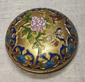 Vintage Cloisonné Emaille Blumen Schmetterling Gold Rosa Blau Rund Schmuck Schmuckkästchen - Bild 1 von 5