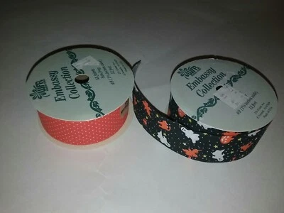 Vintage Halloween Ribbon Autumn Orange Black Cat 12 ft each roll 1980sWFR Fabric - Image 1 of 4