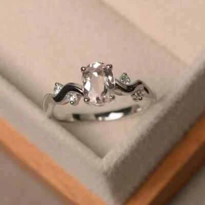 Anillo nupcial de diamantes de morganita Natura de corte ovalado de 1,77 quilates de oro blanco macizo de 14 quilates talla TODO Foto 1 de 4