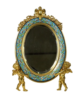 Mesa francesa siglo XIX bronce dorado esmalte biselada tocador ESPEJO dos querubines Foto 1 de 4