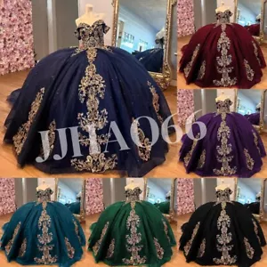 Prinzessin Quinceanera Kleider Gold Applikationen Süß 15 16 Glitzer Party Ballkleider - Bild 1 von 19