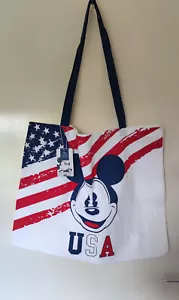 USA Flag Disney Shopper Mickey Mouse Large White Canvas Cotton Tote Shoulder Bag - Picture 1 of 3