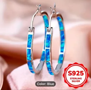 Ozean Blautopas Ohrringe Echt 925 Sterling Silber Schmuck Schnappverschluss Creolen - Bild 1 von 4