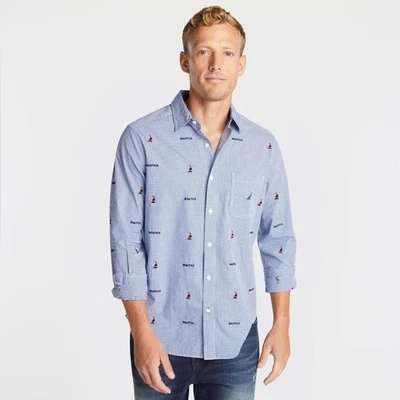Nautica Mens Shirt XXL Long Sleeve Button Front Blue Check Casual Boats $70 NEW - Image 1 of 3