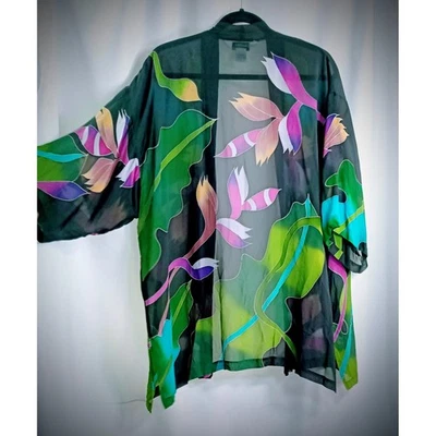 DRAPERS 100% Seda Cobertura Tropical Floral Preto Verde Rosa SO Ver Medidas - Imagem 1 de 4