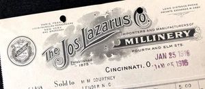 Antique 1916 Letterhead Billhead THE JOS. LAZARUS CO. MILLINERY - Cincinnati, OH - Picture 1 of 2