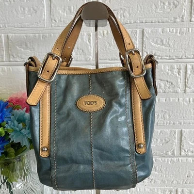 Auténtico mini bolso de mano vintage de nailon de cuero Tod's azul plateado herrajes marrón Foto 1 de 4