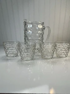 Vintage Clear Cubist Glass Pitcher And Six Short Glasses - Picture 1 of 19