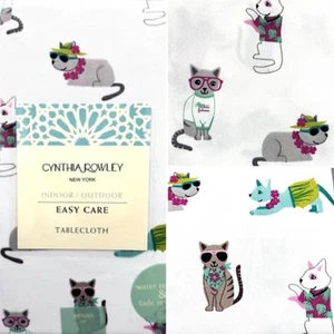 Cynthia Rowley Tropical Cats Tablecloth 70"R Beach Hawaiian Shirt Hula Skirt Lei - Picture 1 of 9