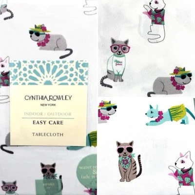 Cynthia Rowley Tropical Cats Tablecloth 70"R Beach Hawaiian Shirt Hula Skirt Lei - Image 1 of 4