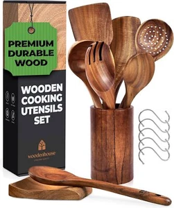 Wooden Spoons for Cooking, Cooking Utensils Set, 8 Piece Brown - Picture 1 of 8