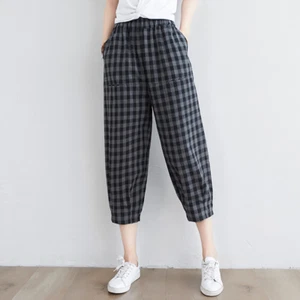 Pantaloni donna a quadretti pantaloni tagliati cotone lino a scacchi elasticizzati elasticizzati - Foto 1 di 10