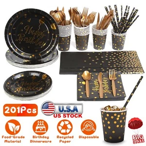 Black And Gold Disposable Dinnerware Set 25 Guests Plates for Birthday Party - Picture 1 of 14