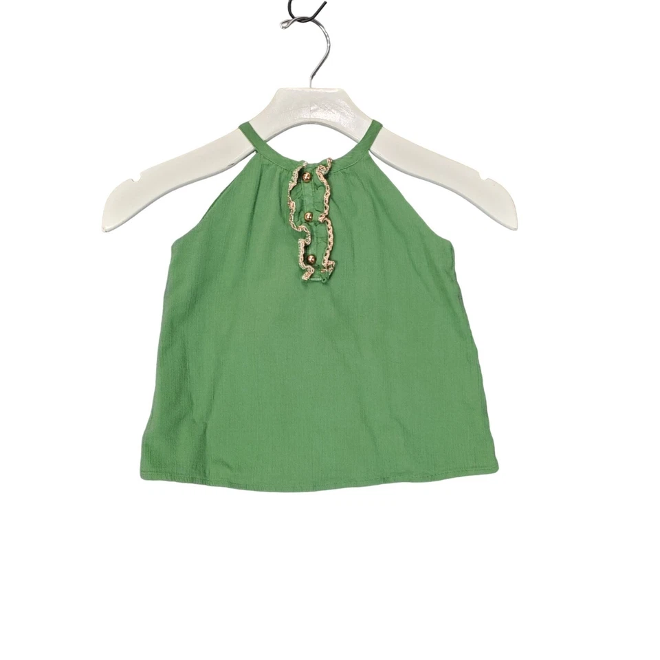JANIE AND JACK Girls Top Size 4 Green 100% Cotton Gauze Gold Ruffle Strappy - Image 1 of 4