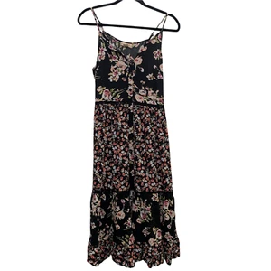 B.O.G. Collective Floral Daisy Ruffle Maxi Empire Waist XS Black Pink Tie Waist - Picture 1 of 9