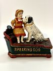 Vintage Antique Cast Iron Mechanical Bank SPEAKING DOG  Girl & Dog 