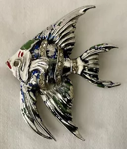 Vintage 40er Jahre Engel Fisch Fell Clip Brosche Emaille Kristall unsigniert CORO? Lesen - Bild 1 von 12